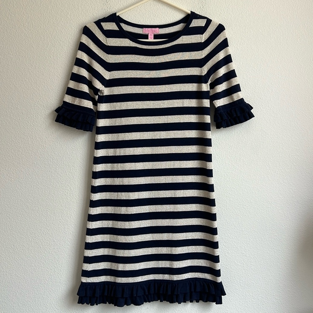 Lilly Pulitzer Girls Helena Navy Blue Striped Cotton Sweater Dress Size 12-14